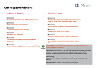 Setup CRM to easity manage the distributors. Integrate Whatsapp or
similar messaging platform.
CRM platforms like Hubspot or Zoho helps us to manage the distributors easily. Every
activity of a customer journey can be recorded and managed easily on CRM
platfroms. Integrating a messaging system will help contact distributors easily.
What we offer:
Integration of the platform and training to the staff. Annual maintenance and
followup.
What MMark has to provide: Basic infrastructure and people.
Our Recommendations
Phase 3– (6 Months) Phase 4– (1 Year)
1
Brand Promotion Campaign 365 Degree Channels
2
New creatives and endorsements
3
Video Promotion through Youtube
4
Email and SMS campaign
5
Social Media regular posting on Facebook and
Instagram
6
Create presence on Linked-in, Pinterest and/or Twitter
1
Develop a healthy interaction between customer and
client on Social Media to increase brand image.
2
Start Ecommerce channels to develop direct sales
3
Create strong footprint on Youtube
4
Improvise website to make it update and dynamic
5
Get into Online Market Places like Amazon, Flipcart
etc.
Di Mark
 