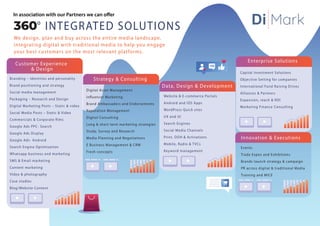 In association with our Partners we can offer
360° INTEGRATED SOLUTIONS
We design, plan and buy across the entire media landscape,
integrating digital with traditional media to help you engage
your best customers on the most relevant platforms.
Strategy & Consulting
Digital Asset Management
Influencer Marketing
Brand Ambassadors and Endorsements
Reputation Management
Digital Consulting
Long & short term marketing strategies
Study, Survey and Research
Media Planning and Negotiations
E Business Management & CRM
Fresh concepts
Customer Experience
& Design
Branding – Identities and personality
Brand positioning and strategy
Social media management
Packaging – Research and Design
Digital Marketing Posts – Static & video
Social Media Posts – Static & Video
Commercials & Corporate films
Google Ads PPC- Search
Google Ads Display
Google Ads- Android
Search Engine Optimization
Whatsapp business and marketing
SMS & Email marketing
Content marketing
Video & photography
Case studies
Blog/Website Content
Enterprise Solutions
Capital Investment Solutions
Objective Setting for companies
International Fund Raising Drives
Alliances & Partners
Expansion, reach & ROI
Marketing Finance Consulting
Data, Design & Development
Website & E-commerce Portals
Android and IOS Apps
WordPress Quick sites
UX and UI
Search Engines
Social Media Channels
Print, OOH & Activations
Mobile, Radio & TVCs
Keyword management
Innovation & Executions
Events
Trade Expos and Exhibitions
Brands launch strategy & campaign
PR across digital & traditional Media
Training and MICE
Di Mark
 