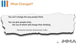 What Changed?
You can’t change the way people think.
You can give people tools,
the use of which will change their thinking.
- Renowned Inventor Buckminster Fuller
11
 