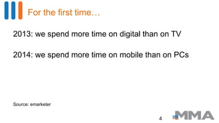 For the first time…
2013: we spend more time on digital than on TV
2014: we spend more time on mobile than on PCs
Source: emarketer
4
 