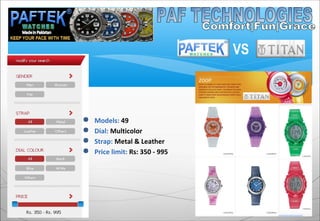 11
 Mens’ collection
 Women’s collection
 Zoop for Kids
 Models: 49
 Dial: Multicolor
 Strap: Metal & Leather
 Price limit: Rs: 350 - 995
VS
 