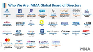 Who We Are: MMA Global Board of Directors
Ernesto Echeverri
LATAM Regional Rep
Dir. Mktg USA,
Canada & Caribbean
John Cost...