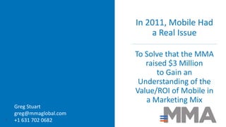 In 2011, Mobile Had
a Real Issue
To Solve that the MMA
raised $3 Million
to Gain an
Understanding of the
Value/ROI of Mobi...