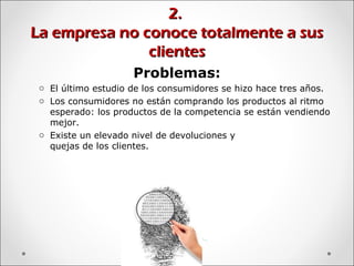 2.2.
La empresa no conoce totalmente a susLa empresa no conoce totalmente a sus
clientesclientes
Problemas:
o El último estudio de los consumidores se hizo hace tres años.
o Los consumidores no están comprando los productos al ritmo
esperado: los productos de la competencia se están vendiendo
mejor.
o Existe un elevado nivel de devoluciones y
quejas de los clientes.
 