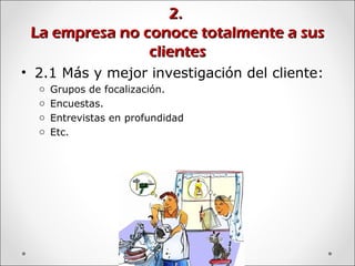 2.2.
La empresa no conoce totalmente a susLa empresa no conoce totalmente a sus
clientesclientes
• 2.1 Más y mejor investigación del cliente:
o Grupos de focalización.
o Encuestas.
o Entrevistas en profundidad
o Etc.
 