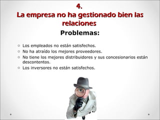 4.4.
La empresa no ha gestionado bien lasLa empresa no ha gestionado bien las
relacionesrelaciones
Problemas:
o Los empleados no están satisfechos.
o No ha atraído los mejores proveedores.
o No tiene los mejores distribuidores y sus concesionarios están
descontentos.
o Los inversores no están satisfechos.
 