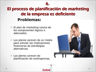 6.6.
El proceso de planificación de marketingEl proceso de planificación de marketing
de la empresa es deficientede la empresa es deficiente
Problemas:
o El plan de marketing carece de
los componentes lógicos o
adecuados.
o Los planes carecen de un medio
para simular las implicaciones
financieras de estrategias
alternativas
o Los planes carecen de
planificación de contingencias.
 