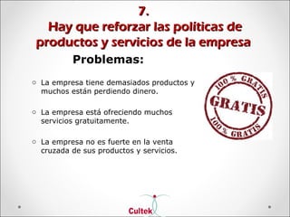 7.7.
Hay que reforzar las políticas deHay que reforzar las políticas de
productos y servicios de la empresaproductos y servicios de la empresa
Problemas:
o La empresa tiene demasiados productos y
muchos están perdiendo dinero.
o La empresa está ofreciendo muchos
servicios gratuitamente.
o La empresa no es fuerte en la venta
cruzada de sus productos y servicios.
 