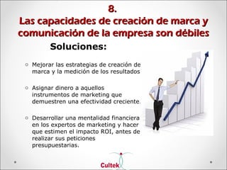 8.8.
Las capacidades de creación de marca yLas capacidades de creación de marca y
comunicación de la empresa son débilescomunicación de la empresa son débiles
Soluciones:
o Mejorar las estrategias de creación de
marca y la medición de los resultados.
o Asignar dinero a aquellos
instrumentos de marketing que
demuestren una efectividad creciente.
o Desarrollar una mentalidad financiera
en los expertos de marketing y hacer
que estimen el impacto ROI, antes de
realizar sus peticiones
presupuestarias.
 