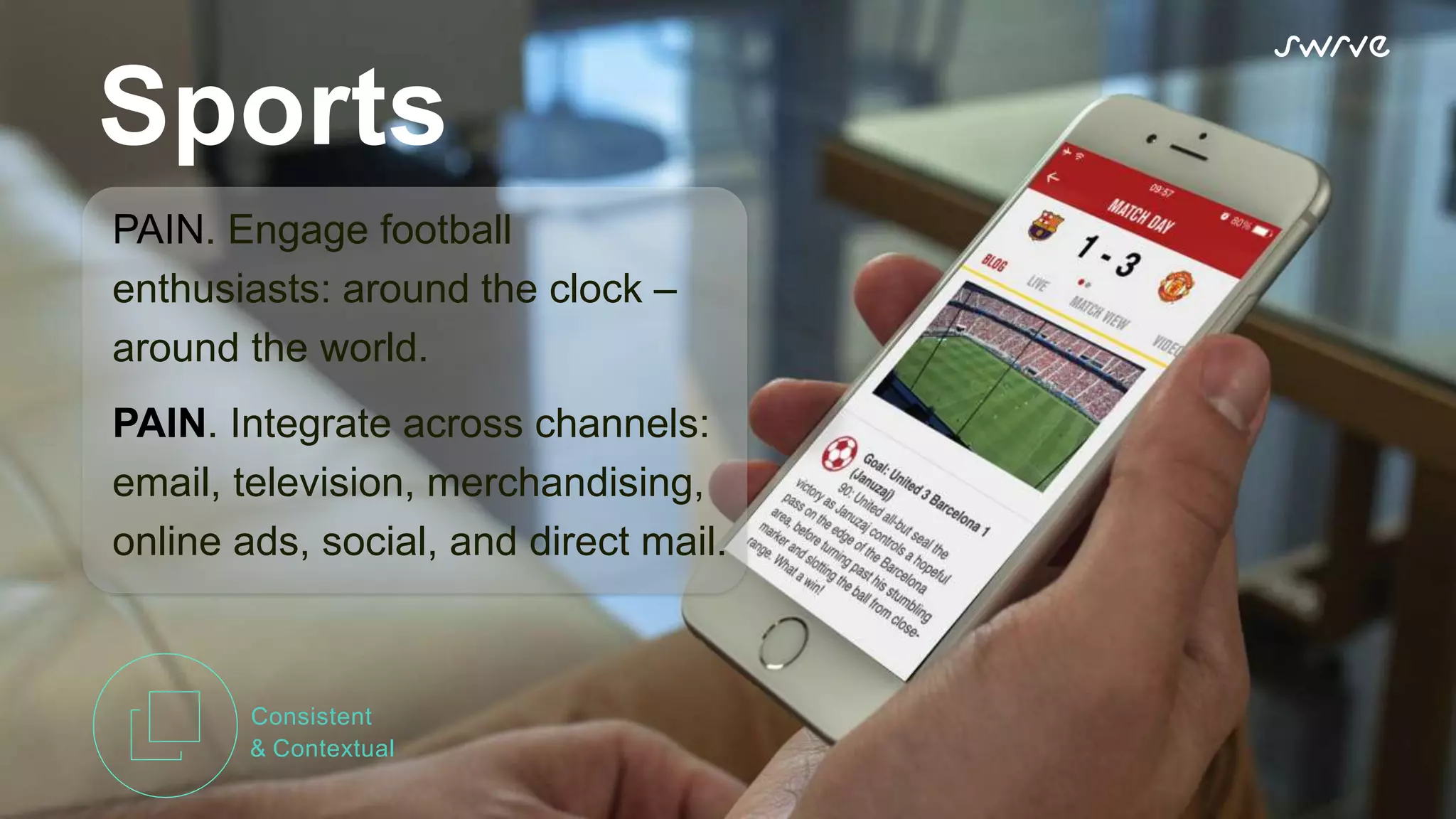 Sports
PAIN. Engage football
enthusiasts: around the clock –
around the world.
PAIN. Integrate across channels:
email, television, merchandising,
online ads, social, and direct mail.
Consistent
& Contextual
 