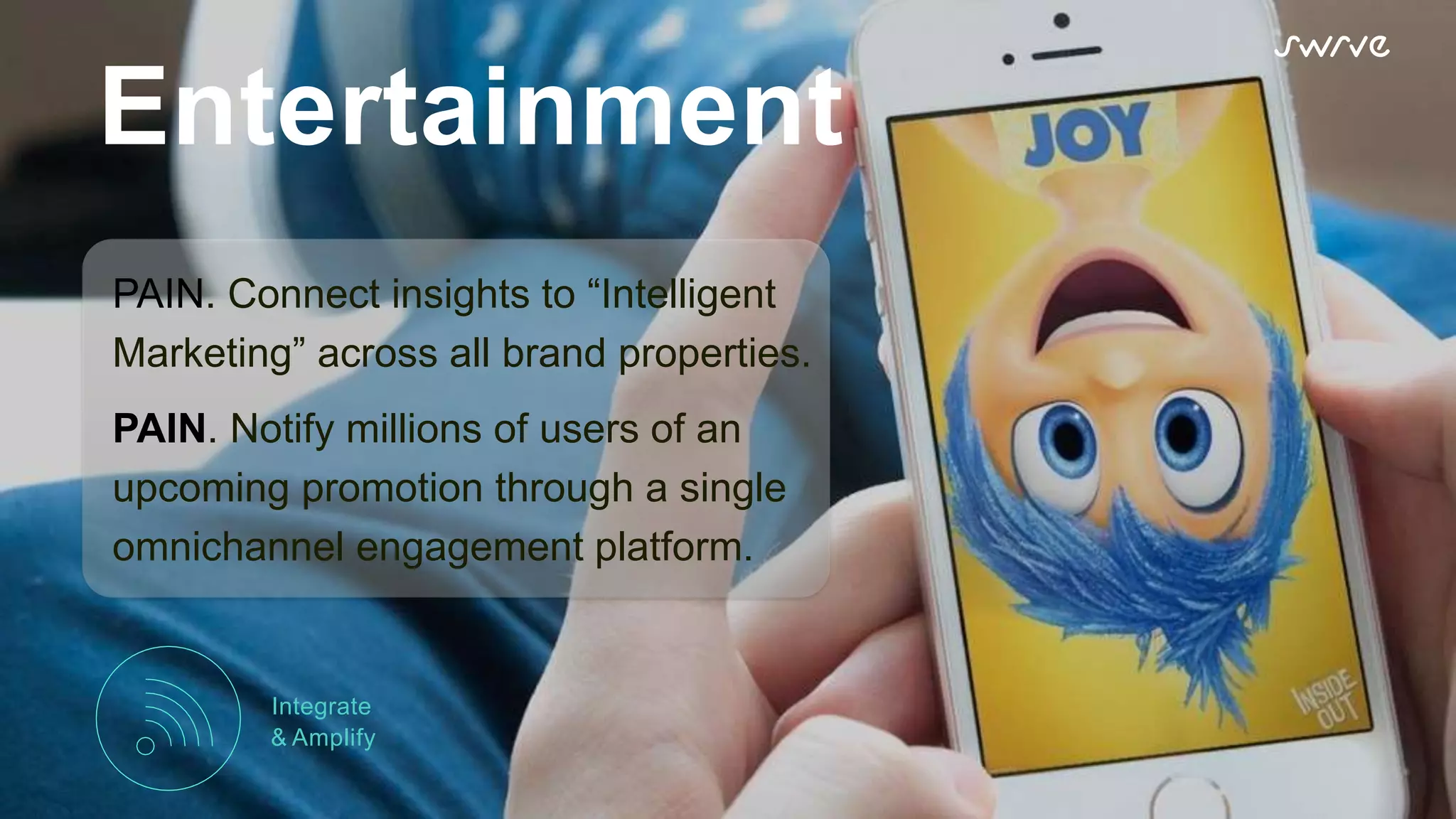 Entertainment
PAIN. Connect insights to “Intelligent
Marketing” across all brand properties.
PAIN. Notify millions of users of an
upcoming promotion through a single
omnichannel engagement platform.
Integrate
& Amplify
 