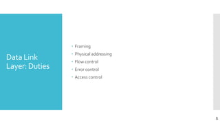 Data Link
Layer: Duties
 Framing
 Physical addressing
 Flow control
 Error control
 Access control
5
 