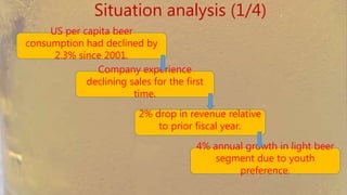 Situation analysis (1/4)
Company experience declining
sales for the first time.
2% drop in revenue relative
to prior fiscal year.
4% annual growth in light beer
segment due to youth preference.
US per capita beer consumption
had declined by 2.3% since 2001.
 