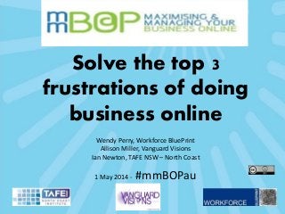 Solve the top 3
frustrations of doing
business online
Wendy Perry, Workforce BluePrint
Allison Miller, Vanguard Visions
Ian Newton, TAFE NSW – North Coast
1 May 2014 - #mmBOPau
 