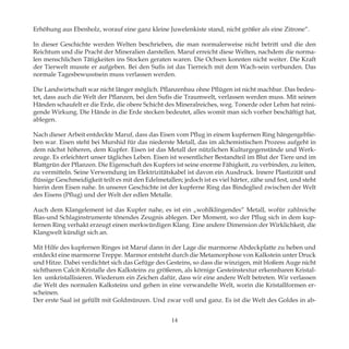 Erhöhung aus Ebenholz, worauf eine ganz kleine Juwelenkiste stand, nicht größer als eine Zitrone“.
In dieser Geschichte werden Welten beschrieben, die man normalerweise nicht betritt und die den
Reichtum und die Pracht der Mineralien darstellen. Maruf erreicht diese Welten, nachdem die norma-
len menschlichen Tätigkeiten ins Stocken geraten waren. Die Ochsen konnten nicht weiter. Die Kraft
der Tierwelt musste er aufgeben. Bei den Sufis ist das Tierreich mit dem Wach-sein verbunden. Das
normale Tagesbewusstsein muss verlassen werden.
Die Landwirtschaft war nicht länger möglich. Pflanzenbau ohne Pflügen ist nicht machbar. Das bedeu-
tet, dass auch die Welt der Pflanzen, bei den Sufis die Traumwelt, verlassen werden muss. Mit seinen
Händen schaufelt er die Erde, die obere Schicht des Mineralreiches, weg. Tonerde oder Lehm hat reini-
gende Wirkung. Die Hände in die Erde stecken bedeutet, alles womit man sich vorher beschäftigt hat,
ablegen.
Nach dieser Arbeit entdeckte Maruf, dass das Eisen vom Pflug in einem kupfernen Ring hängengeblie-
ben war. Eisen steht bei Murshid für das niederste Metall, das im alchemistischen Prozess aufgeht in
dem nächst höheren, dem Kupfer. Eisen ist das Metall der nützlichen Kulturgegenstände und Werk-
zeuge. Es erleichtert unser tägliches Leben. Eisen ist wesentlicher Bestandteil im Blut der Tiere und im
Blattgrün der Pflanzen. Die Eigenschaft des Kupfers ist seine enorme Fähigkeit, zu verbinden, zu leiten,
zu vermitteln. Seine Verwendung im Elektrizitätskabel ist davon ein Ausdruck. Innere Plastizität und
flüssige Geschmeidigkeit teilt es mit den Edelmetallen; jedoch ist es viel härter, zähe und fest, und steht
hierin dem Eisen nahe. In unserer Geschichte ist der kupferne Ring das Bindeglied zwischen der Welt
des Eisens (Pflug) und der Welt der edlen Metalle.
Auch dem Klangelement ist das Kupfer nahe, es ist ein „wohlklingendes“ Metall, wofür zahlreiche
Blas-und Schlaginstrumente tönendes Zeugnis ablegen. Der Moment, wo der Pflug sich in dem kup-
fernen Ring verhakt erzeugt einen merkwürdigen Klang. Eine andere Dimension der Wirklichkeit, die
Klangwelt kündigt sich an.
Mit Hilfe des kupfernen Ringes ist Maruf dann in der Lage die marmorne Abdeckplatte zu heben und
entdeckt eine marmorne Treppe. Marmor entsteht durch die Metamorphose von Kalkstein unter Druck
und Hitze. Dabei verdichtet sich das Gefüge des Gesteins, so dass die winzigen, mit bloßem Auge nicht
sichtbaren Calcit-Kristalle des Kalksteins zu größeren, als körnige Gesteinstextur erkennbaren Kristal-
len umkristallisieren. Wiederum ein Zeichen dafür, dass wir eine andere Welt betreten. Wir verlassen
die Welt des normalen Kalksteins und gehen in eine verwandelte Welt, worin die Kristallformen er-
scheinen.
Der erste Saal ist gefüllt mit Goldmünzen. Und zwar voll und ganz. Es ist die Welt des Goldes in ab-
14
 