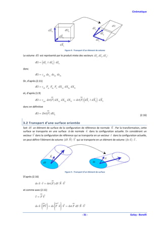 Cinématique




                                                                                                 d
                                                                           dx 3
                          dX 3               d   0
                                                                                      dx 2
                                     dX 2
                                                                                dx1
                                       dX1

                                             Figure 4 : Transport d’un élément de volume

Le volume d      est représenté par le produit mixte des vecteurs dx 1 , dx 2 , dx 3 :

           d = (dx 1 ∧ dx 2 ) ⋅ dx 3

donc

           d = εijk dx 1 j dx 2k dx 3i

Or, d’après (2.11)

           d = εijk Fjp Fkq Fir dX1p dX2q dX 3r

et, d’après (1.9)

                                                                 (
           d = εpqr det(F ) dX1p dX2q dX 3r = det(F ) dX1 ∧ dX 2 ⋅ dX 3           )
donc en définitive

           d = Det(F ) d         0                                                                            (2.16)

3.2 Transport d’une surface orientée
Soit dS un élément de surface de la configuration de référence de normale N . Par la transformation, cette
surface se transporte en une surface ds de normale n dans la configuration actuelle. En considérant un
vecteur V dans la configuration de référence qui se transporte en un vecteur v dans la configuration actuelle,
on peut définir l’élément de volume (dS N ) ⋅V qui se transporte en un élément de volume (ds n ) ⋅ v .




                           N
                                                                                             n
                     dS                                                    ds


                                             Figure 5 : Transport d’un élément de surface

D’après (2.16)

           ds n ⋅ v = det(F ) dS N ⋅V

et comme avec (2.11)

           v =FV

                                T 
                    
           ds n ⋅ FV  = ds         
                                 F n  ⋅V = det F dS N ⋅V
                   
                                
                                     
                                      
                                     

                                                               - 31 -                                Golay - Bonelli
 