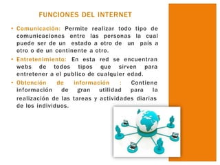 • Comunicación: Permite realizar todo tipo de
comunicaciones entre las personas la cual
puede ser de un estado a otro de un país a
otro o de un continente a otro.
• Entretenimiento:
webs de todos
En esta red se encuentran
tipos que sirven para
• Obtención de información : Contiene
información de gran utilidad para la
entretener a el publico de cualquier edad.
realización de las tareas y actividades diarias
de los individuos.
FUNCIONES DEL INTERNET
 