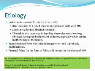 Etiology
 Incidence is 1–2/1000 live births (0.1– 0.2%).
 Risk increases to 2–3% if there is one previous birth with MM,
 and 6–8% after two affected children.
 The risk is also increased in families where close relatives (e.g.
siblings) have given birth to MM children, especially when on the
mother’s side of the family.
 Transmission follows non-Mendelian genetics, and is probably
multifactorial.
 Prenatal folate (in the form of folic acid) lowers the incidence of MM
Au KS, Ashley-Koch A, Northrup H. Epidemiologic and genetic aspects of spina bifida and other neural
tube defects. Dev Disabil Res Rev. 2010;16(1):6-15.
Shimoji K, Kimura T, Kondo A, Tange Y, Miyajima M, Arai H. Genetic studies of
myelomeningocele. Childs Nerv Syst. 2013 Sep;29(9):1417-25.
 