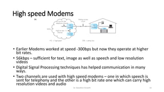 • Earlier Modems worked at speed -300bps but now they operate at higher
bit rates.
• 56kbps – sufficient for text, image as well as speech and low resolution
videos
• Digital Signal Processing techniques has helped communication in many
ways.
• Two channels are used with high speed modems – one in which speech is
sent for telephony and the other is a high bit rate one which can carry high
resolution videos and audio
High speed Modems
Dr. Nandhini Vineeth 10
 