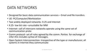 DATA NETWORKS
• Designed for basic data communication services – Email and file transfers.
• UE- PC/Computer/Workstation
• Two widely deployed networks- X.25 and Internet
• X.25- low bit rate –unsuitable for MM
• Internet- coll of interconn networks operate using the same set of
communication proto
• Comm protocol- set of rules agreed by the comm. Parties for exchange of
infor-this includes syntax of messages.
• Open System Interconnection- Irrespective of the type or manufacturer, all
systems in Internet they communicate
Dr. Nandhini Vineeth 11
 