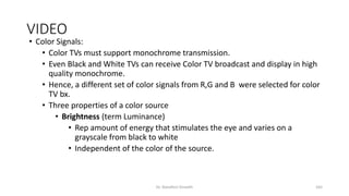 VIDEO
• Color Signals:
• Color TVs must support monochrome transmission.
• Even Black and White TVs can receive Color TV broadcast and display in high
quality monochrome.
• Hence, a different set of color signals from R,G and B were selected for color
TV bx.
• Three properties of a color source
• Brightness (term Luminance)
• Rep amount of energy that stimulates the eye and varies on a
grayscale from black to white
• Independent of the color of the source.
Dr. Nandhini Vineeth 165
 