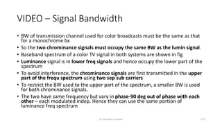 VIDEO – Signal Bandwidth
• BW of transmission channel used for color broadcasts must be the same as that
for a monochrome bx
• So the two chrominance signals must occupy the same BW as the lumin signal.
• Baseband spectrum of a color TV signal in both systems are shown in fig
• Luminance signal is in lower freq signals and hence occupy the lower part of the
spectrum
• To avoid interference, the chrominance signals are first transmitted in the upper
part of the frequ spectrum using two sep sub carriers
• To restrict the BW used to the upper part of the spectrum, a smaller BW is used
for both chrominance signals.
• The two have same frequency but vary in phase-90 deg out of phase with each
other – each modulated indep. Hence they can use the same portion of
luminance freq spectrum
Dr. Nandhini Vineeth 172
 