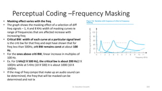 Perceptual Coding –Frequency Masking
• Masking effect varies with the freq
• The graph shows the masking effect of a selection of diff
freq signals – 1, 4 and 8 KHz width of masking curves-ie
range of frequencies that are affected increase with
increasing freq
• Critical BW: width of each curve at a particular signal level
is the criti bw for that freq and expt have shown that for
freq less than 500Hz, crit BW remains const at about 100
Hz.
• For the ones above criti BW, linear increase in multiples of
100 Hz.
• Ex. For 1 kHz(2 X 500 Hz), the critical bw is about 200 Hz(2 X
100)Hz while at 5 KHz (10 X 500) it is about 1000 (10 X
100)Hz.
• If the mag of freq compo that make up an audio sound can
be determined, the freq that will be masked can be
determined and not tx
Dr. Nandhini Vineeth 203
 