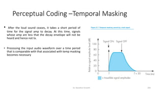 • After the loud sound ceases, it takes a short period of
time for the signal amp to decay. At this time, signals
whose amp are less that the decay envelope will not be
heard and hence not tx.
• Processing the input audio waveform over a time period
that is comparable with that associated with temp masking
becomes necessary
Perceptual Coding –Temporal Masking
Dr. Nandhini Vineeth 204
 