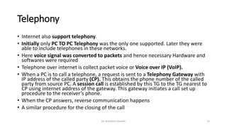 Telephony
• Internet also support telephony.
• Initially only PC TO PC Telephony was the only one supported. Later they were
able to include telephones in these networks.
• Here voice signal was converted to packets and hence necessary Hardware and
softwares were required
• Telephone over internet is collect packet voice or Voice over IP (VoIP).
• When a PC is to call a telephone, a request is sent to a Telephony Gateway with
IP address of the called party (CP). This obtains the phone number of the called
party from source PC. A session call is established by this TG to the TG nearest to
CP using internet address of the gateway. This gateway initiates a call set up
procedure to the receiver’s phone.
• When the CP answers, reverse communication happens
• A similar procedure for the closing of the call
Dr. Nandhini Vineeth 23
 