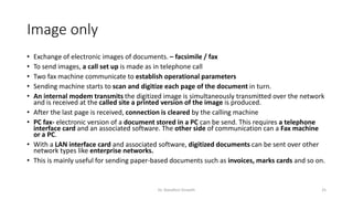 Image only
• Exchange of electronic images of documents. – facsimile / fax
• To send images, a call set up is made as in telephone call
• Two fax machine communicate to establish operational parameters
• Sending machine starts to scan and digitize each page of the document in turn.
• An internal modem transmits the digitized image is simultaneously transmitted over the network
and is received at the called site a printed version of the image is produced.
• After the last page is received, connection is cleared by the calling machine
• PC fax- electronic version of a document stored in a PC can be send. This requires a telephone
interface card and an associated software. The other side of communication can a Fax machine
or a PC.
• With a LAN interface card and associated software, digitized documents can be sent over other
network types like enterprise networks.
• This is mainly useful for sending paper-based documents such as invoices, marks cards and so on.
Dr. Nandhini Vineeth 25
 