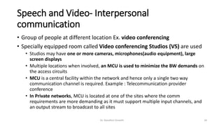 Speech and Video- Interpersonal
communication
• Group of people at different location Ex. video conferencing
• Specially equipped room called Video conferencing Studios (VS) are used
• Studios may have one or more cameras, microphones(audio equipment), large
screen displays
• Multiple locations when involved, an MCU is used to minimize the BW demands on
the access circuits
• MCU is a central facility within the network and hence only a single two way
communication channel is required. Example : Telecommunication provider
conference
• In Private networks, MCU is located at one of the sites where the comm
requirements are more demanding as it must support multiple input channels, and
an output stream to broadcast to all sites
Dr. Nandhini Vineeth 34
 