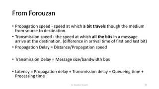 From Forouzan
• Propagation speed - speed at which a bit travels though the medium
from source to destination.
• Transmission speed - the speed at which all the bits in a message
arrive at the destination. (difference in arrival time of first and last bit)
• Propagation Delay = Distance/Propagation speed
• Transmission Delay = Message size/bandwidth bps
• Latency = Propagation delay + Transmission delay + Queueing time +
Processing time
Dr. Nandhini Vineeth 49
 