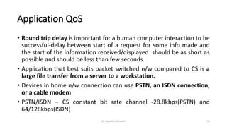 Application QoS
• Round trip delay is important for a human computer interaction to be
successful-delay between start of a request for some info made and
the start of the information received/displayed should be as short as
possible and should be less than few seconds
• Application that best suits packet switched n/w compared to CS is a
large file transfer from a server to a workstation.
• Devices in home n/w connection can use PSTN, an ISDN connection,
or a cable modem
• PSTN/ISDN – CS constant bit rate channel -28.8kbps(PSTN) and
64/128kbps(ISDN)
Dr. Nandhini Vineeth 55
 