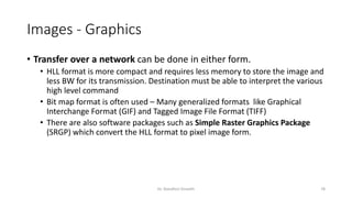 Images - Graphics
• Transfer over a network can be done in either form.
• HLL format is more compact and requires less memory to store the image and
less BW for its transmission. Destination must be able to interpret the various
high level command
• Bit map format is often used – Many generalized formats like Graphical
Interchange Format (GIF) and Tagged Image File Format (TIFF)
• There are also software packages such as Simple Raster Graphics Package
(SRGP) which convert the HLL format to pixel image form.
Dr. Nandhini Vineeth 78
 
