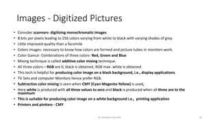 Images - Digitized Pictures
• Consider scanners- digitizing monochromatic images
• 8 bits per pixels leading to 256 colors varying from white to black with varying shades of grey.
• Little improved quality than a facsimile
• Colors images: necessary to know how colors are formed and picture tubes in monitors work.
• Color Gamut- Combinations of three colors- Red, Green and Blue
• Mixing technique is called additive color mixing technique.
• All three colors – RGB are 0, black is obtained, RGB max- white is obtained.
• This tech is helpful for producing color image on a black background, i.e., display applications.
• TV Sets and computer Monitors hence prefer RGB.
• Subtractive color mixing is seen when CMY (Cyan-Magenta-Yellow) is used,
• Here white is produced with all three values to zero and black is produced when all three are to the
maximum
• This is suitable for producing color image on a white background i.e., printing application
• Printers and plotters - CMY
Dr. Nandhini Vineeth 81
 