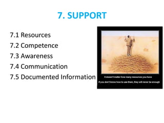 7. SUPPORT
7.1 Resources
7.2 Competence
7.3 Awareness
7.4 Communication
7.5 Documented Information
 