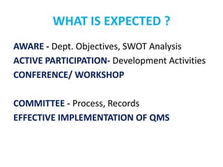 WHAT IS EXPECTED ?
AWARE - Dept. Objectives, SWOT Analysis
ACTIVE PARTICIPATION- Development Activities
CONFERENCE/ WORKSHOP
COMMITTEE - Process, Records
EFFECTIVE IMPLEMENTATION OF QMS
 
