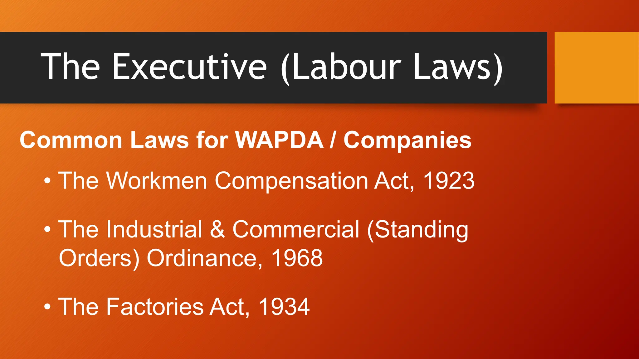 The Executive (Labour Laws)
Common Laws for WAPDA / Companies
• The Workmen Compensation Act, 1923
• The Industrial & Commercial (Standing
Orders) Ordinance, 1968
• The Factories Act, 1934
 