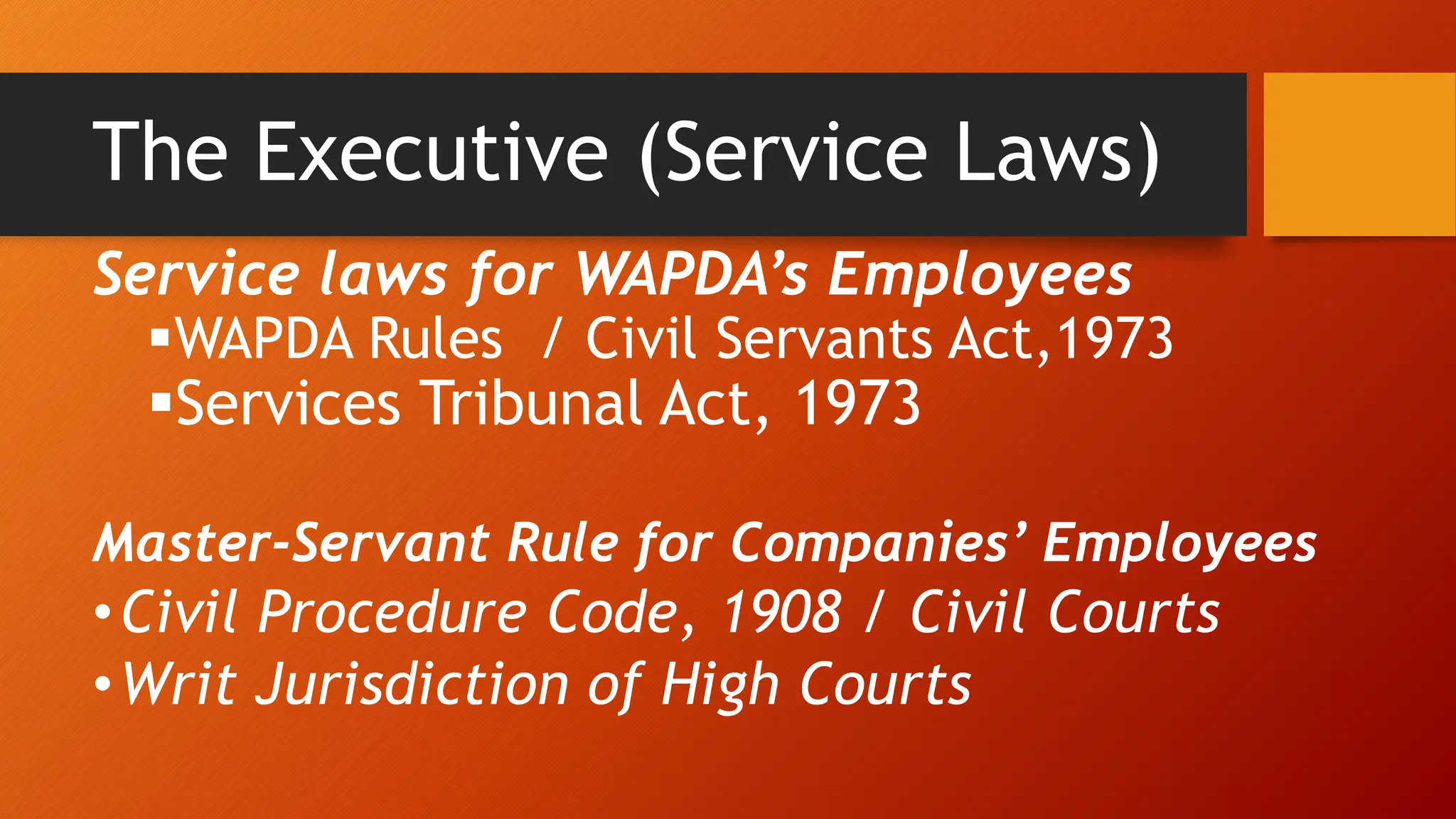 The Executive (Service Laws)
Service laws for WAPDA’s Employees
WAPDA Rules / Civil Servants Act,1973
Services Tribunal Act, 1973
Master-Servant Rule for Companies’ Employees
•Civil Procedure Code, 1908 / Civil Courts
•Writ Jurisdiction of High Courts
 
