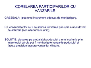 CORELAREA PARTICIPARILOR CU
                 VANZARILE
GRESEALA: lipsa unui instrument adecvat de monitorizare.


Ex: consumatorilor nu li se solicita trimiterea prin sms a unei dovezi
  de achizitie (cod alfanumeric unic).


SOLUTIE: plasarea pe ambalajul produsului a unui cod unic prin
  intermediul caruia pot fi monitorizate vanzarile podusului si
  facute previziuni asupra vanzarilor viitoare.
 