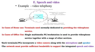 E. Speech and video
• Example - video telephony
•Each terminals/PCs incorporate a video camera along with the microphone and speaker
•The network must provide sufficient bandwidth to support the integrated speech and video
In Cases of Home use: Terminals used normally dedicated to providing the videophone
service.
In Cases of Office Use: Single multimedia PC/workstation is used to provide videophone
service together with a range of other services.
 