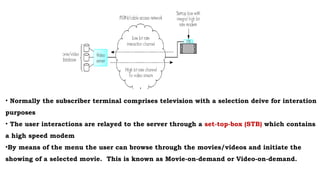 • Normally the subscriber terminal comprises television with a selection deive for interation
purposes
• The user interactions are relayed to the server through a set-top-box (STB) which contains
a high speed modem
•By means of the menu the user can browse through the movies/videos and initiate the
showing of a selected movie. This is known as Movie-on-demand or Video-on-demand.
 