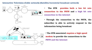 Interactive Television (Cable network) (Satellite/terrestrial broadcast network)
• The STB provides both a low bit rate
connection to the PSTN and a high bit rate
connection to the internet
• Through the connection to the PSTN, the
subscriber is able to actively respond to the
information being broadcast
• The STB associated requires a high speed
modem to provide the connections to the
PSTN and the Internet
 