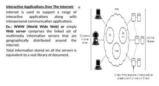 Interactive Applications Over The Internet:
Internet is used to support a range of
interactive applications along with
interpersonal communication applications.
Ex.: WWW (World Wide Web) or simply
Web server comprises the linked set of
multimedia information servers that are
geographically distributed around the
Internet.
Total information stored on all the servers is
equivalent to a vast library of document.
 