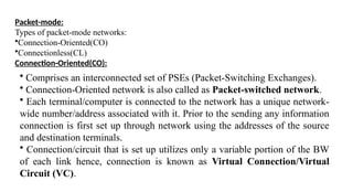 Packet-mode:
Types of packet-mode networks:
•Connection-Oriented(CO)
•Connectionless(CL)
Connection-Oriented(CO):
• Comprises an interconnected set of PSEs (Packet-Switching Exchanges).
• Connection-Oriented network is also called as Packet-switched network.
• Each terminal/computer is connected to the network has a unique network-
wide number/address associated with it. Prior to the sending any information
connection is first set up through network using the addresses of the source
and destination terminals.
• Connection/circuit that is set up utilizes only a variable portion of the BW
of each link hence, connection is known as Virtual Connection/Virtual
Circuit (VC).
 