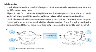 Hybrid mode:
• Used when the various terminals/computers that makes up the conference are attached
to different network types.
• Figure Shows Ex.: conference comprises 4 terminals/computers 2 attached to a circuit-
switched network and 2 to a packet switched network that supports multicasting.
• Like in the centralized mode conference server is used output of each terminal/computer
is sent to the server either over individual circuits terminals A and B or using multicasting
terminals C and D Server that determines output stream(s) to be sent to each terminal.
 
