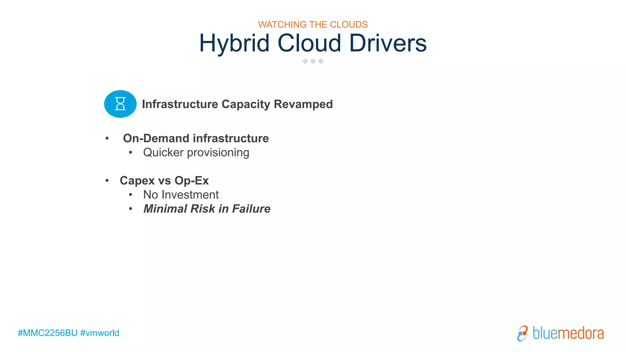 #MMC2256BU #vmworld
Hybrid Cloud Drivers
• On-Demand infrastructure
• Quicker provisioning
• Capex vs Op-Ex
• No Investment
• Minimal Risk in Failure
Infrastructure Capacity Revamped
WATCHING THE CLOUDS
 