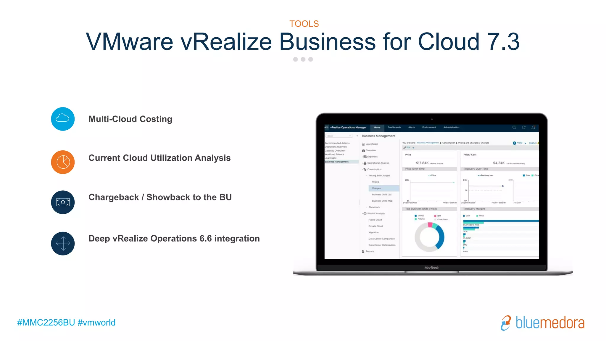#MMC2256BU #vmworld
Multi-Cloud Costing
Current Cloud Utilization Analysis
Chargeback / Showback to the BU
VMware vRealize Business for Cloud 7.3
TOOLS
Deep vRealize Operations 6.6 integration
 