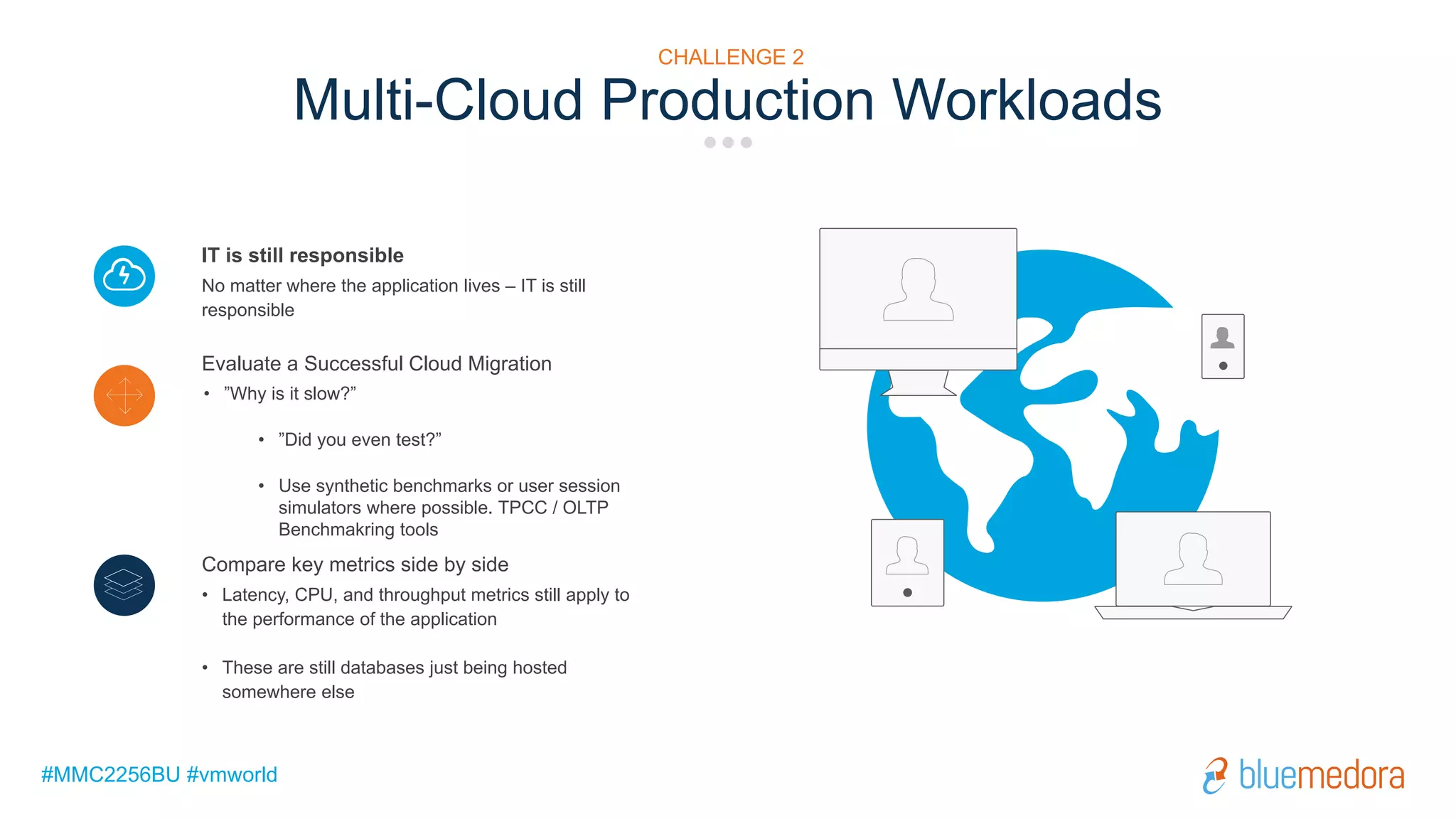 #MMC2256BU #vmworld
Multi-Cloud Production Workloads
CHALLENGE 2
IT is still responsible
No matter where the application lives – IT is still
responsible
Evaluate a Successful Cloud Migration
• ”Why is it slow?”
• ”Did you even test?”
• Use synthetic benchmarks or user session
simulators where possible. TPCC / OLTP
Benchmakring tools
Compare key metrics side by side
• Latency, CPU, and throughput metrics still apply to
the performance of the application
• These are still databases just being hosted
somewhere else
 