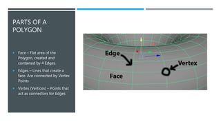 PARTS OF A
POLYGON
 Face – Flat area of the
Polygon, created and
contained by 4 Edges.
 Edges – Lines that create a
face. Are connected by Vertex
Points
 Vertex (Vertices) – Points that
act as connectors for Edges
 